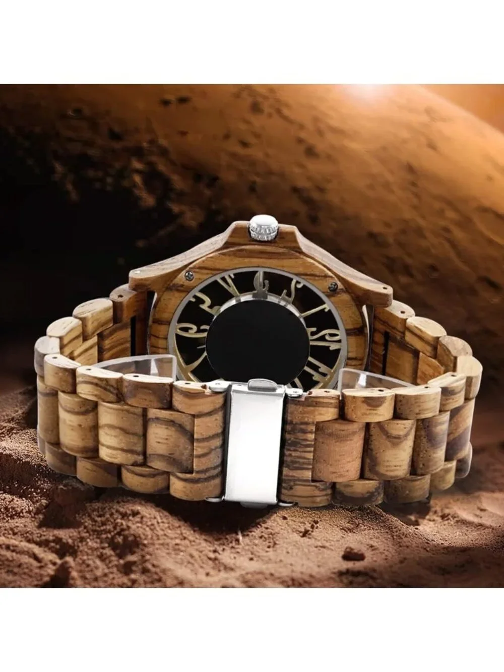 Mens Brown Solid Buckle Analog Quartz Classic Crystal Round Walking Wooden Watch
